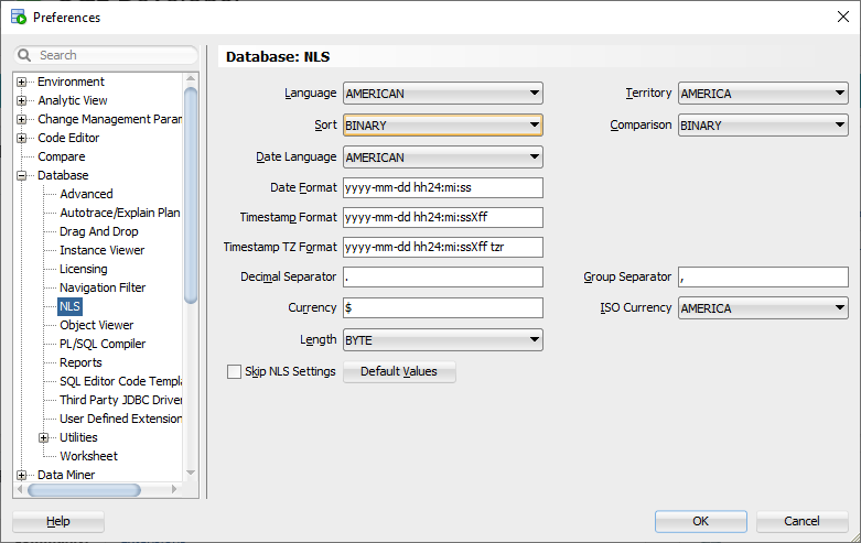 SQL Developer Tools Preferences Database NLS